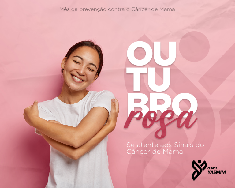Mulher abraçando os seios com a frase "Outubro Rosa - Se atente aos Sinais do Câncer de Mama" ao fundo